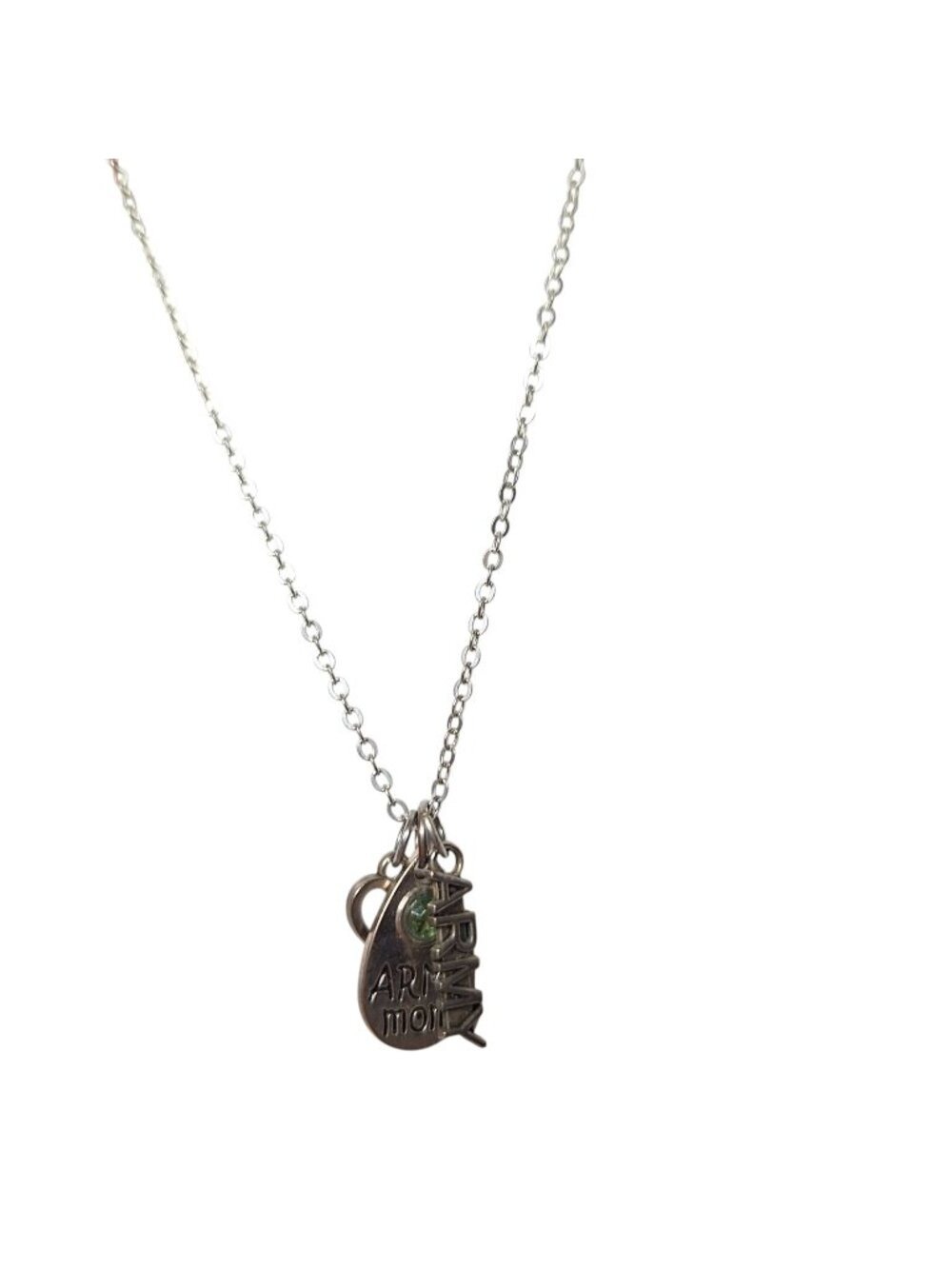 Army Mom Charm Necklace Silver Tone Green Birthstone Heart Pendant Military Love